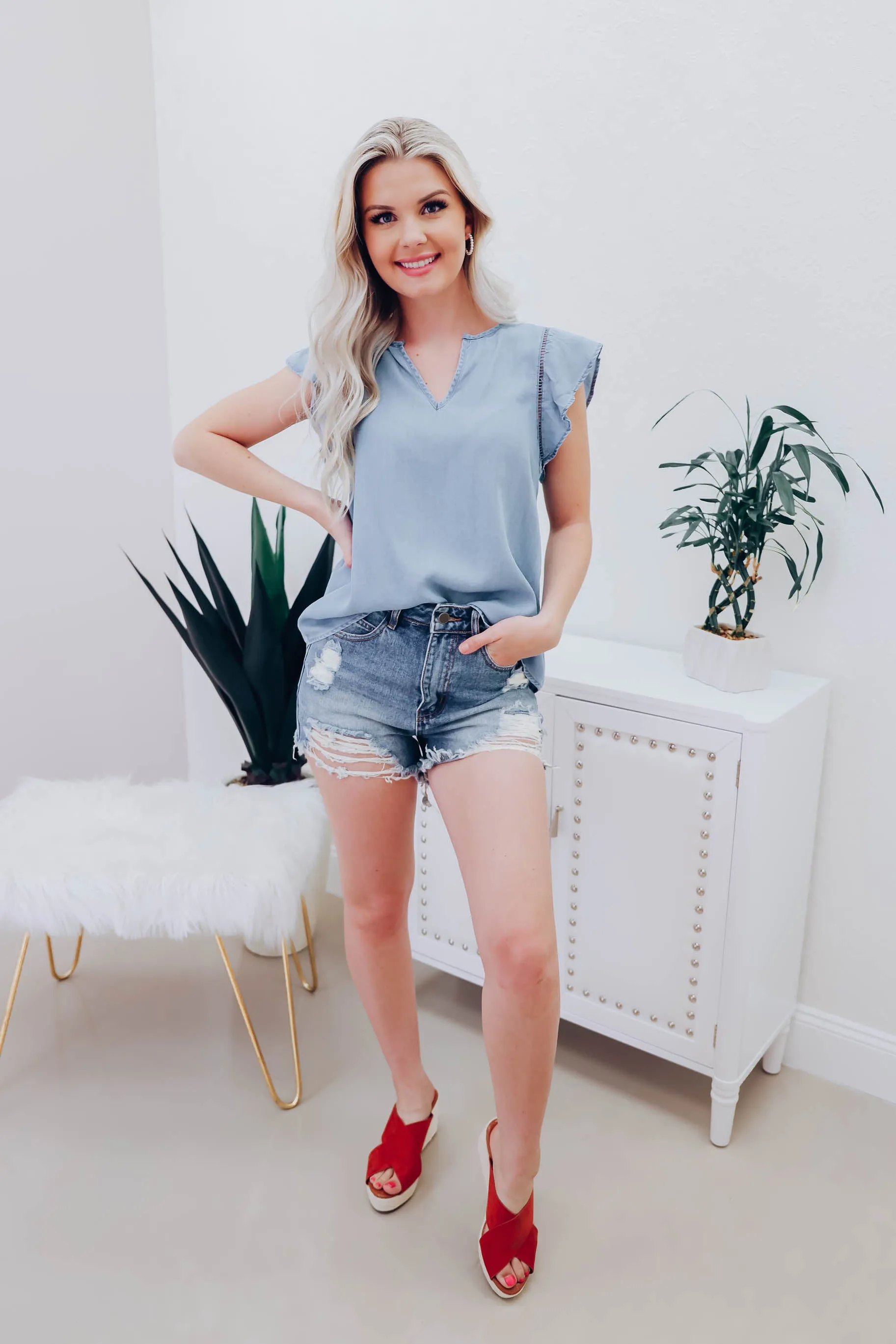 Alanis Chambray Flutter Sleeve Blouse