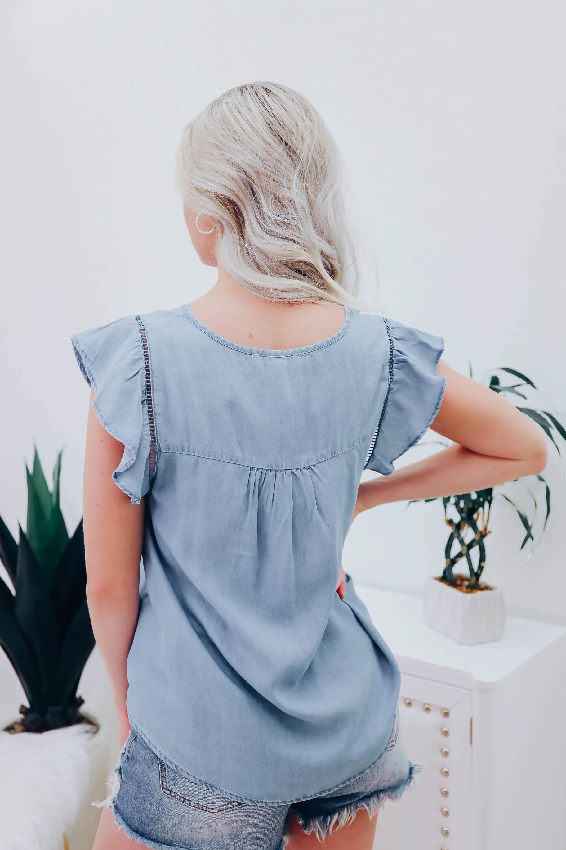 Alanis Chambray Flutter Sleeve Blouse