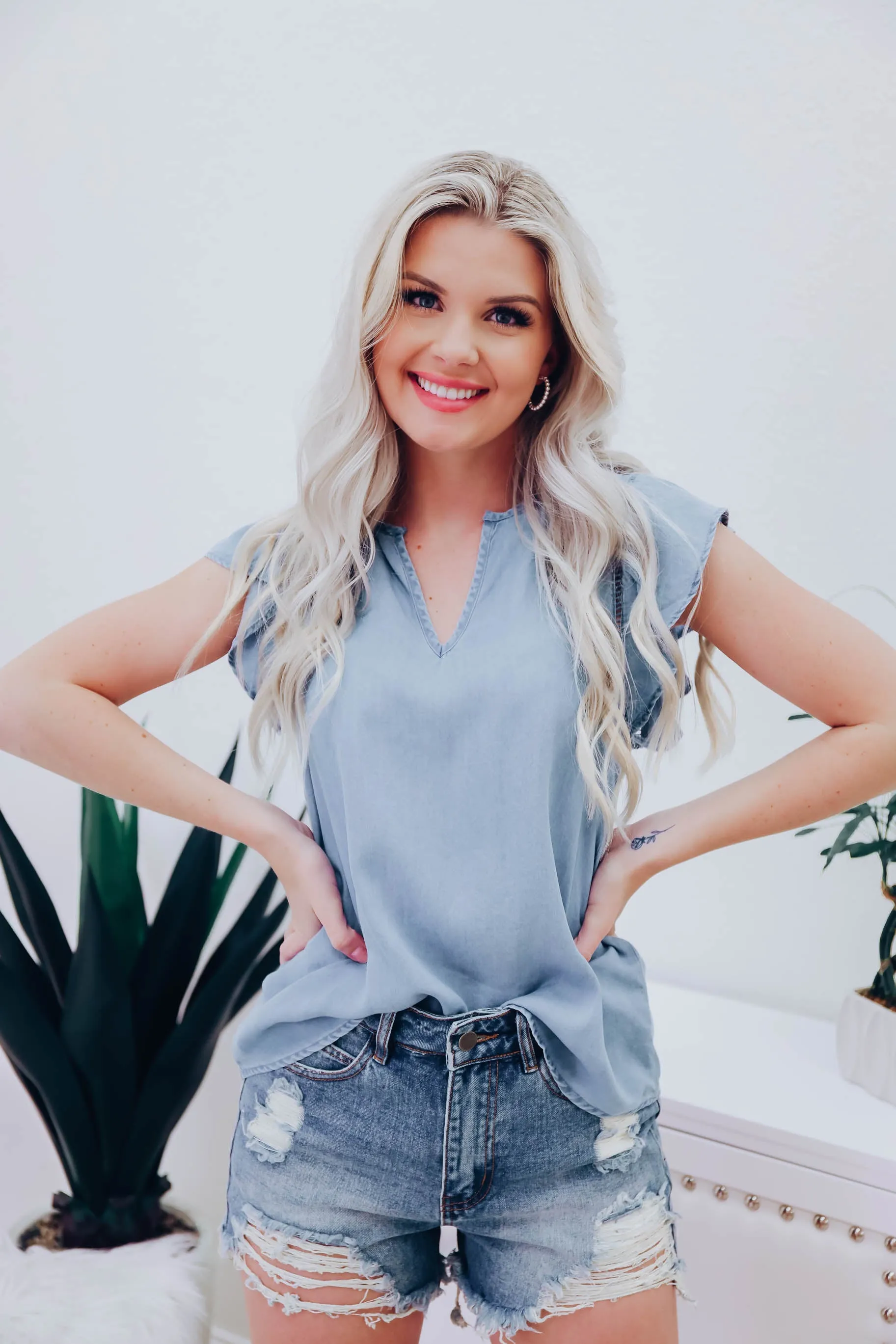 Alanis Chambray Flutter Sleeve Blouse