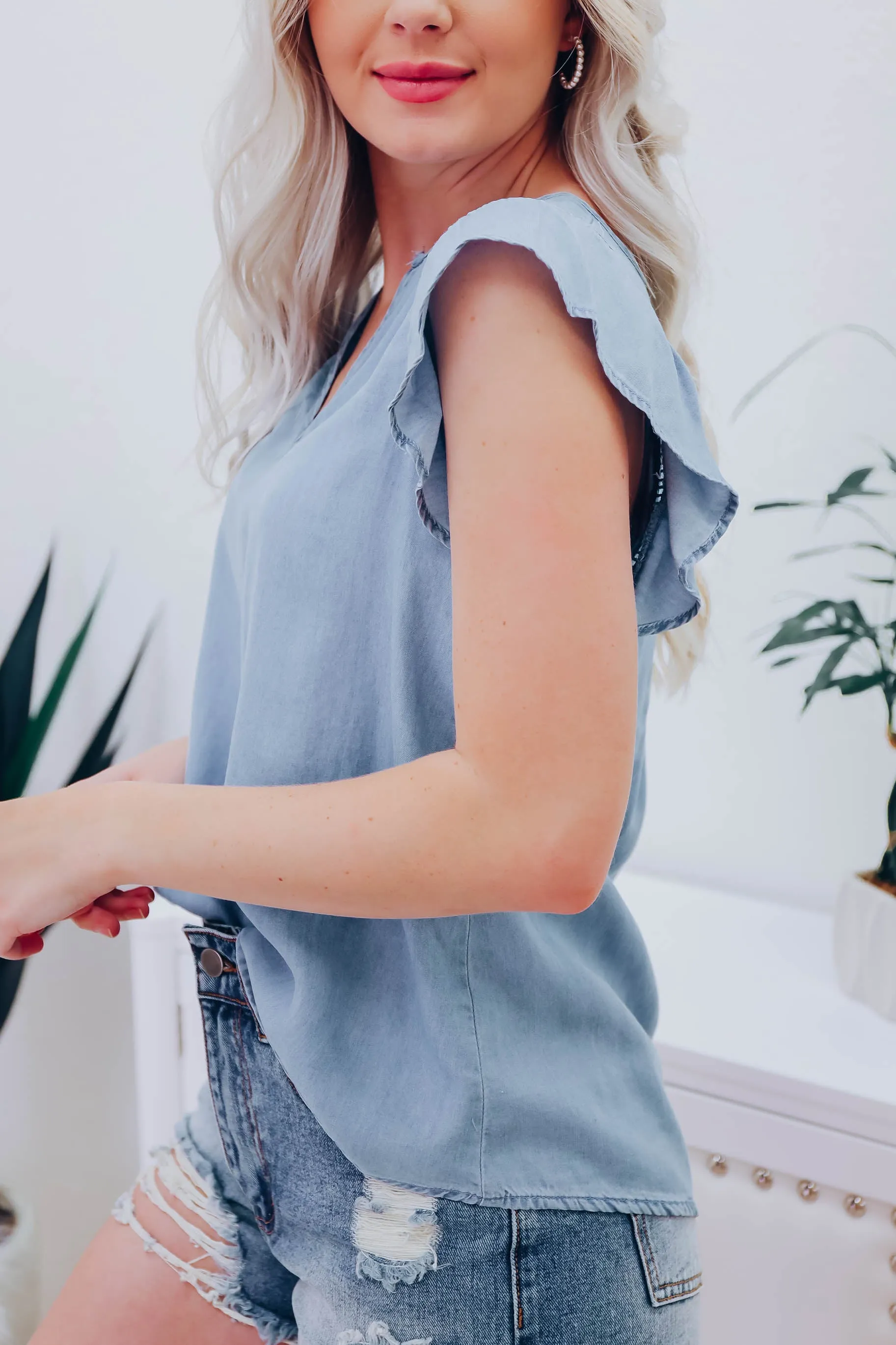Alanis Chambray Flutter Sleeve Blouse