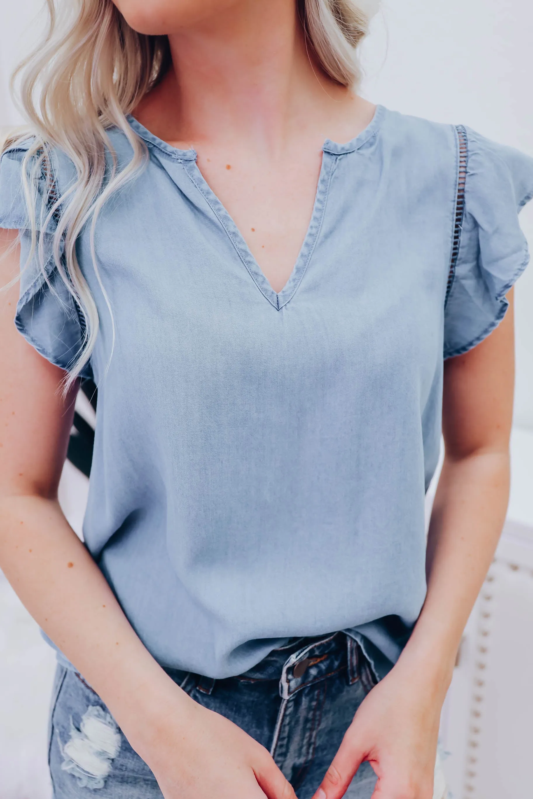 Alanis Chambray Flutter Sleeve Blouse
