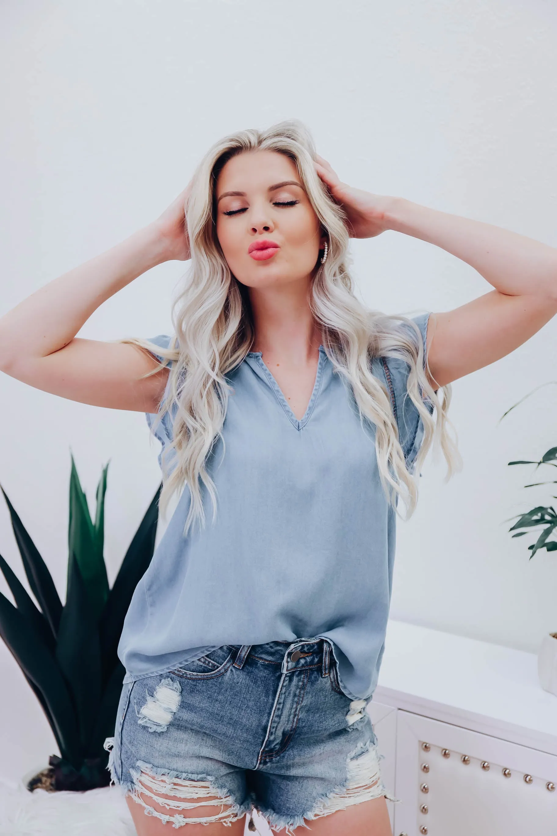 Alanis Chambray Flutter Sleeve Blouse