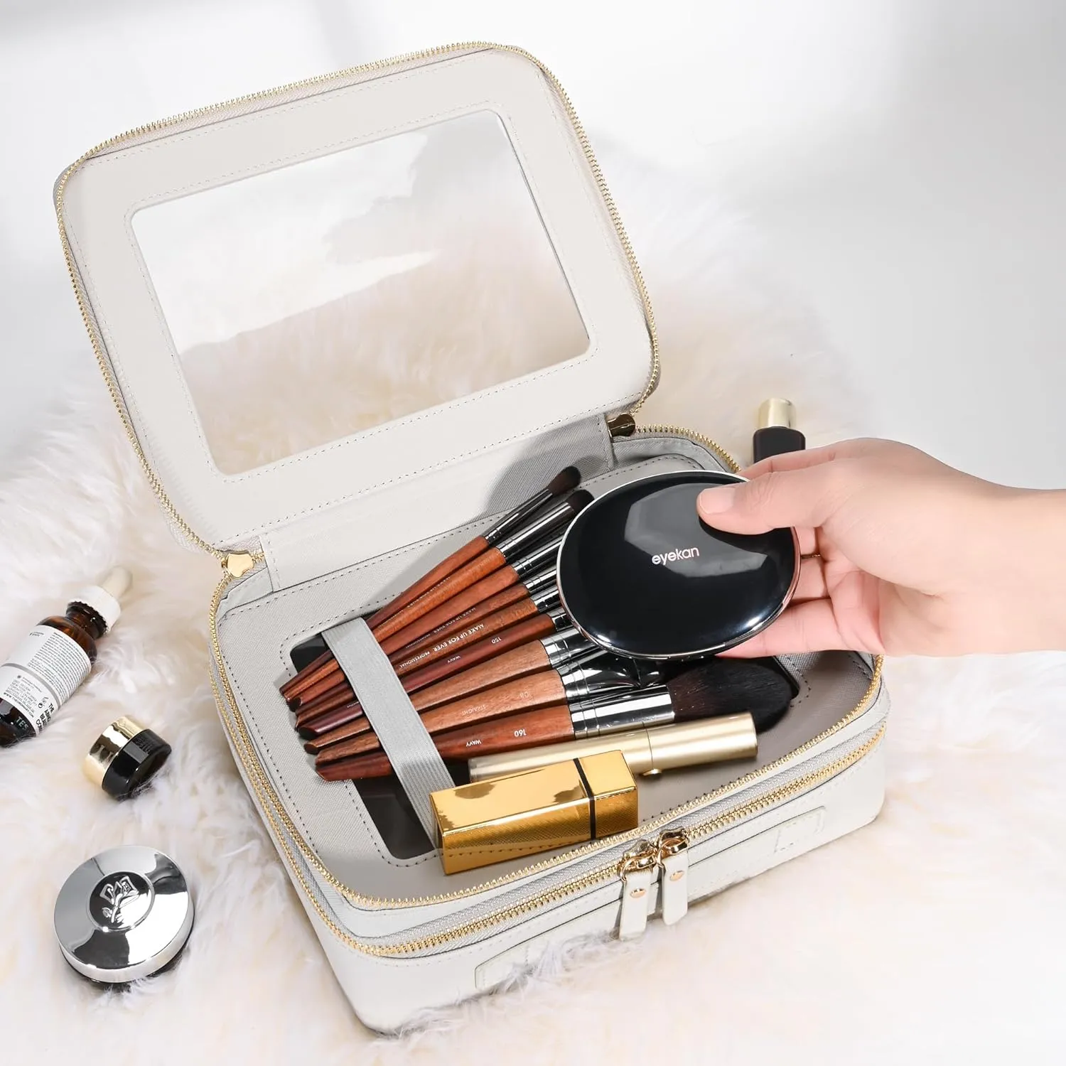Aveniee Clear Makeup Bags, Double Layer Cosmetic Bags with a Separate Brush Compartment, Large Travel Toiletry Bag Train Case for Women, Travel Accessories Organizer,2 Layers Large, Grey