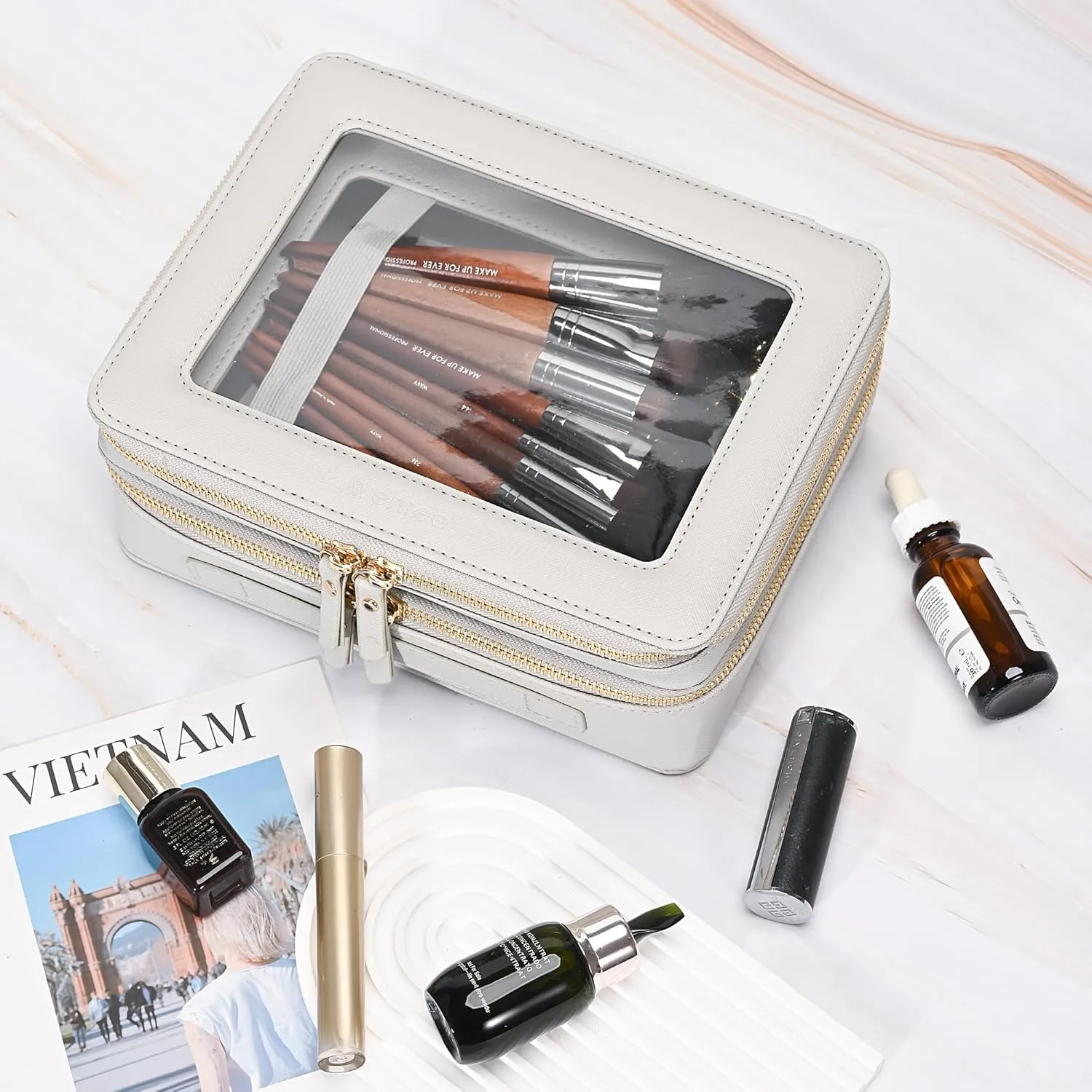 Aveniee Clear Makeup Bags, Double Layer Cosmetic Bags with a Separate Brush Compartment, Large Travel Toiletry Bag Train Case for Women, Travel Accessories Organizer,2 Layers Large, Grey