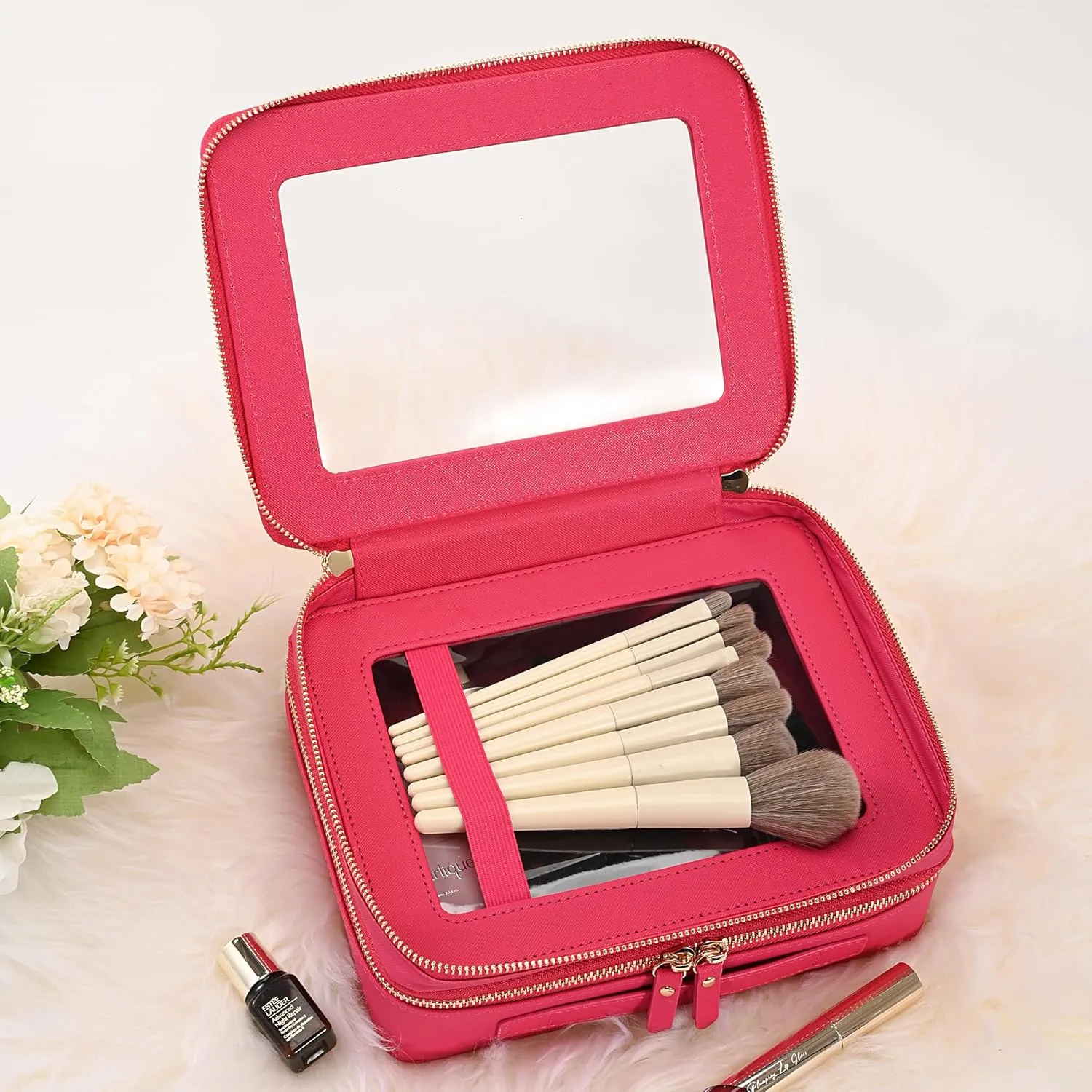 Aveniee XL Clear Makeup Organizer,Double Layer Travel Cosmetic Case with Brush Holder & Zippered Compartments,Big Toiletry Bag for Travel Accessories,2 Layers Large,Hotpink