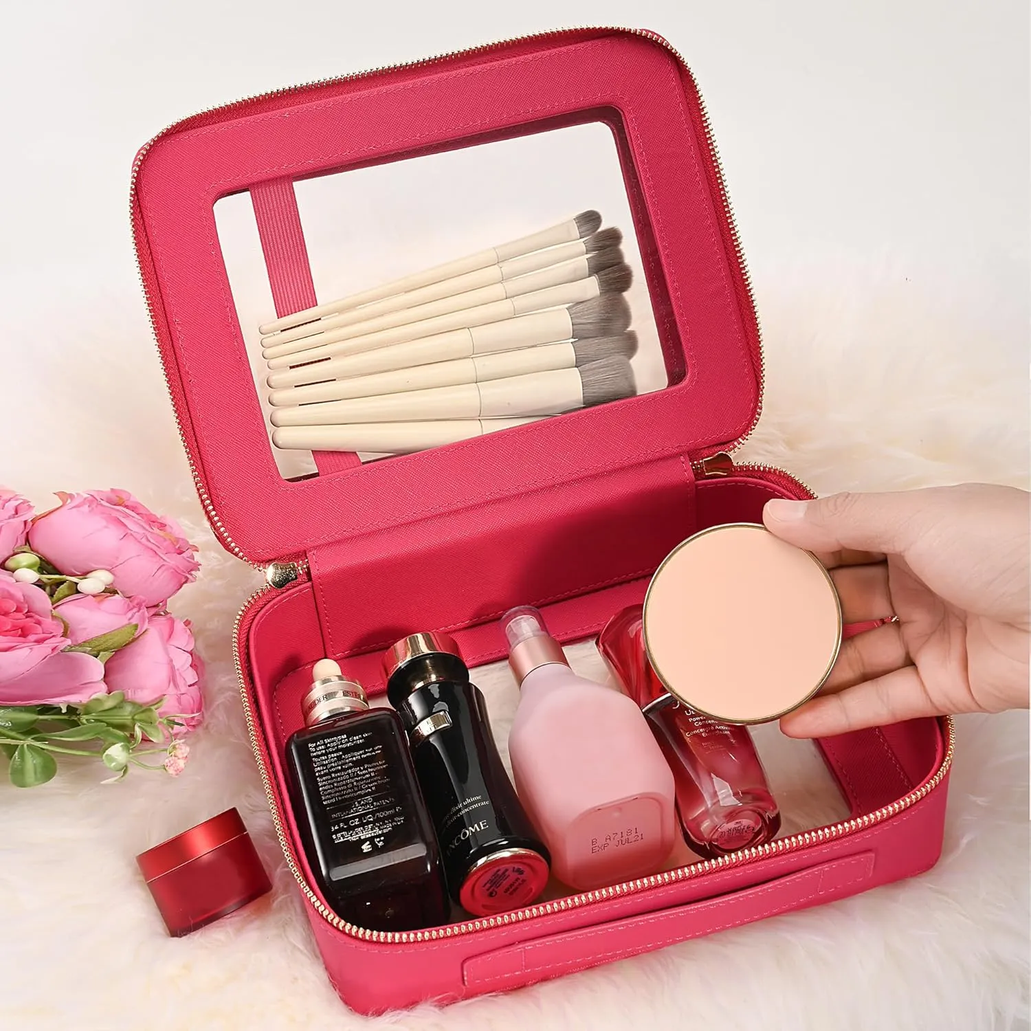 Aveniee XL Clear Makeup Organizer,Double Layer Travel Cosmetic Case with Brush Holder & Zippered Compartments,Big Toiletry Bag for Travel Accessories,2 Layers Large,Hotpink
