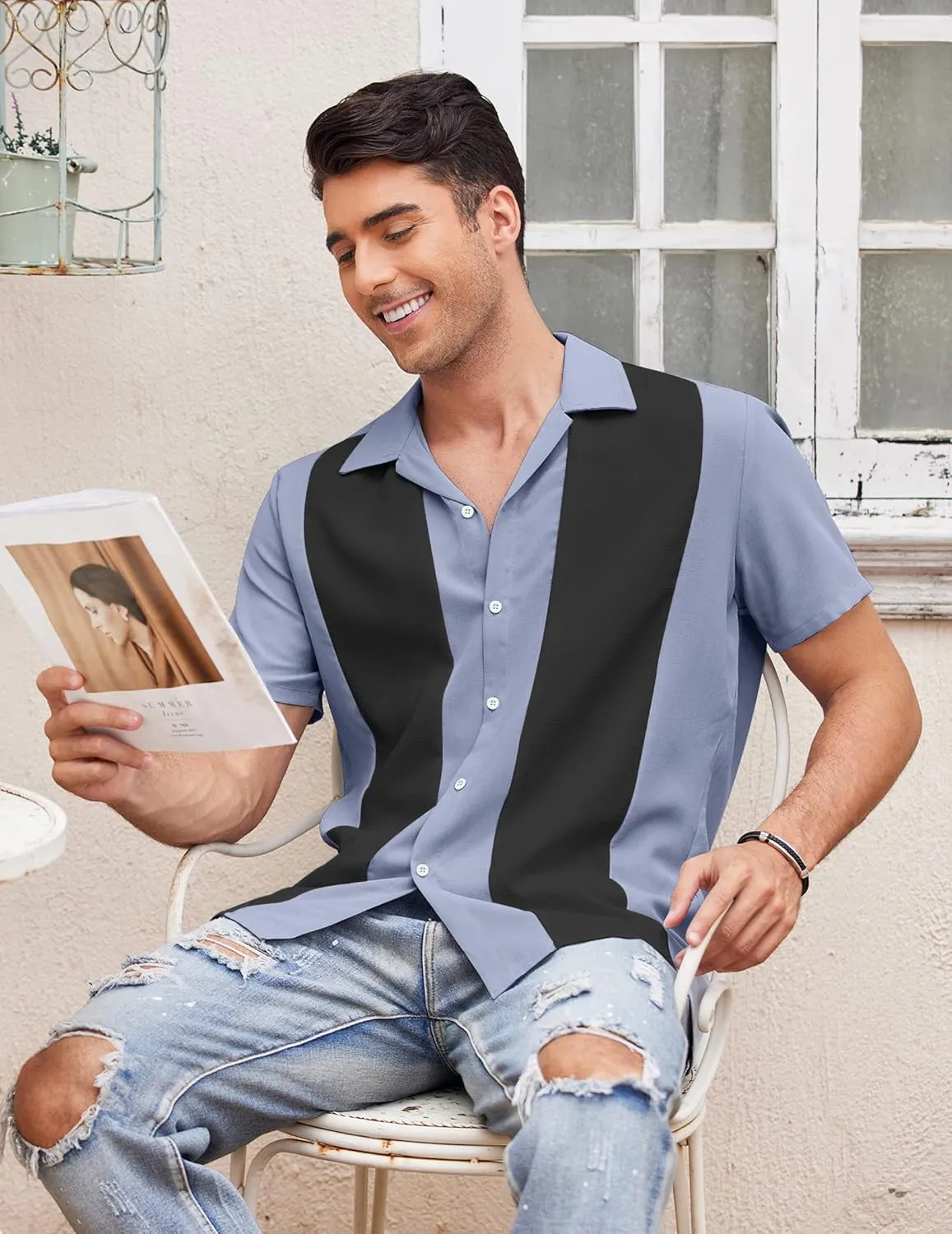 COOFANDY Men's Vintage Bowling Shirt Short Sleeve Button Down Summer Cuba Beach Shirts