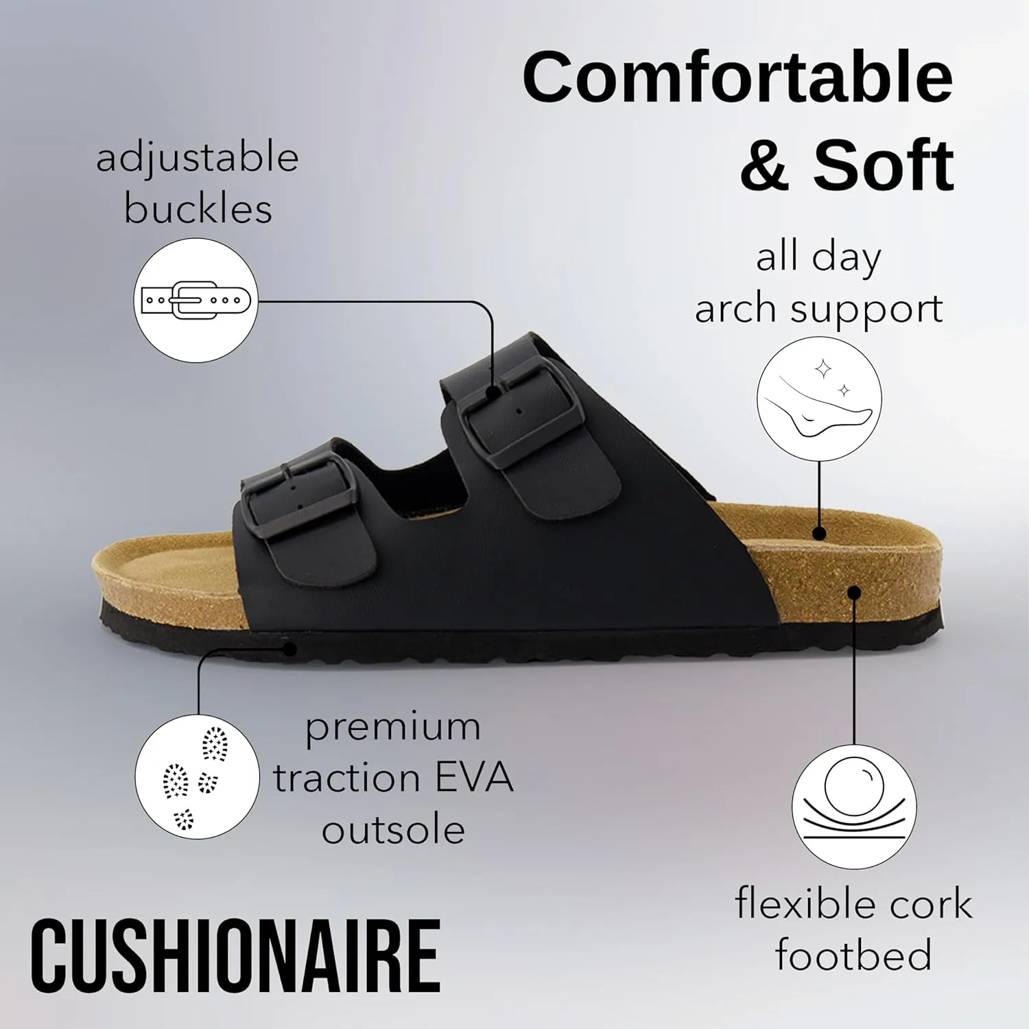 CUSHIONAIRE Lane Cork Footbed Mens Sandals, Adjustable Buckle Comfort Slides for Men, Genuine Leather Insole Summer Sandals Men Footwear