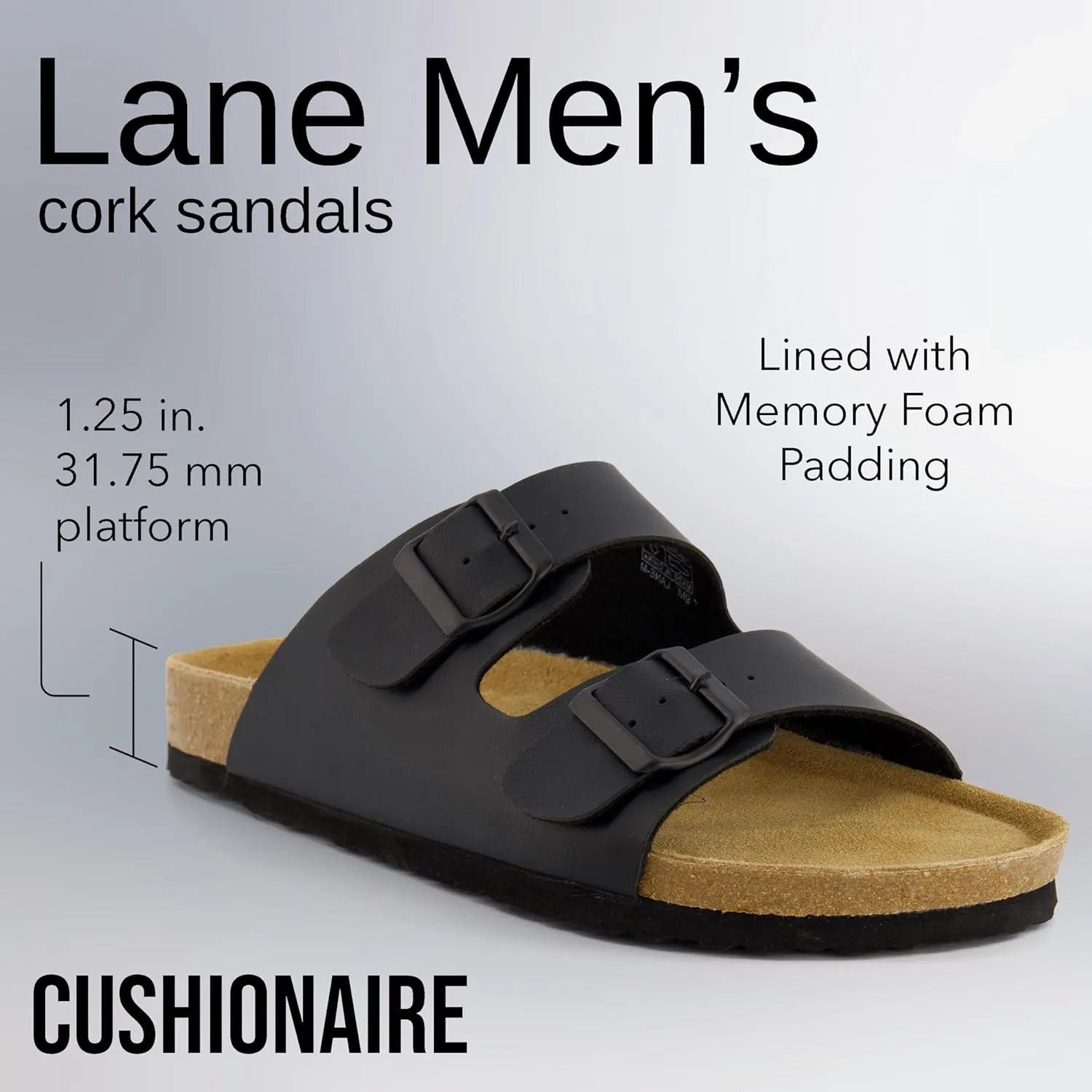 CUSHIONAIRE Lane Cork Footbed Mens Sandals, Adjustable Buckle Comfort Slides for Men, Genuine Leather Insole Summer Sandals Men Footwear
