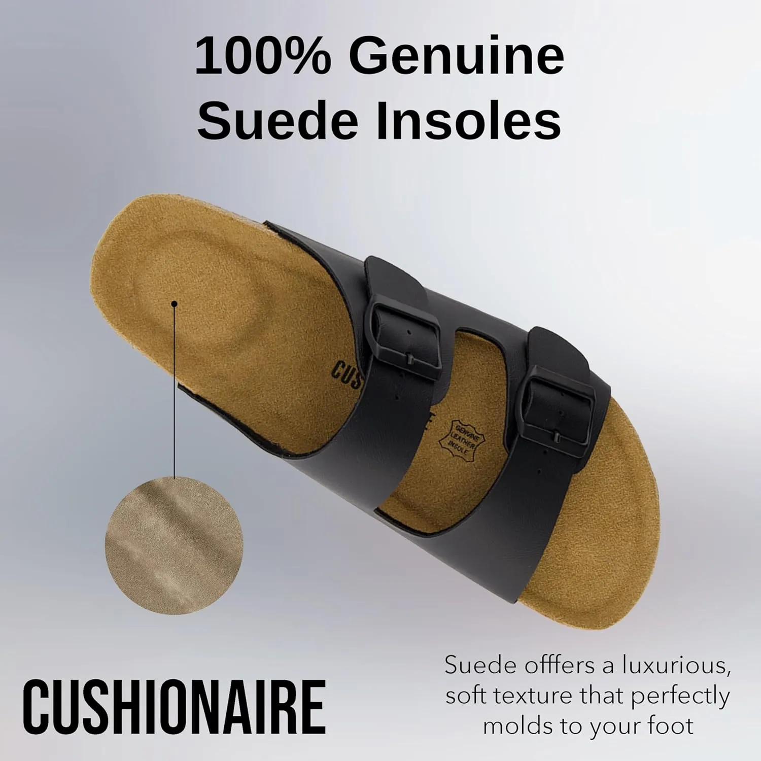 CUSHIONAIRE Lane Cork Footbed Mens Sandals, Adjustable Buckle Comfort Slides for Men, Genuine Leather Insole Summer Sandals Men Footwear