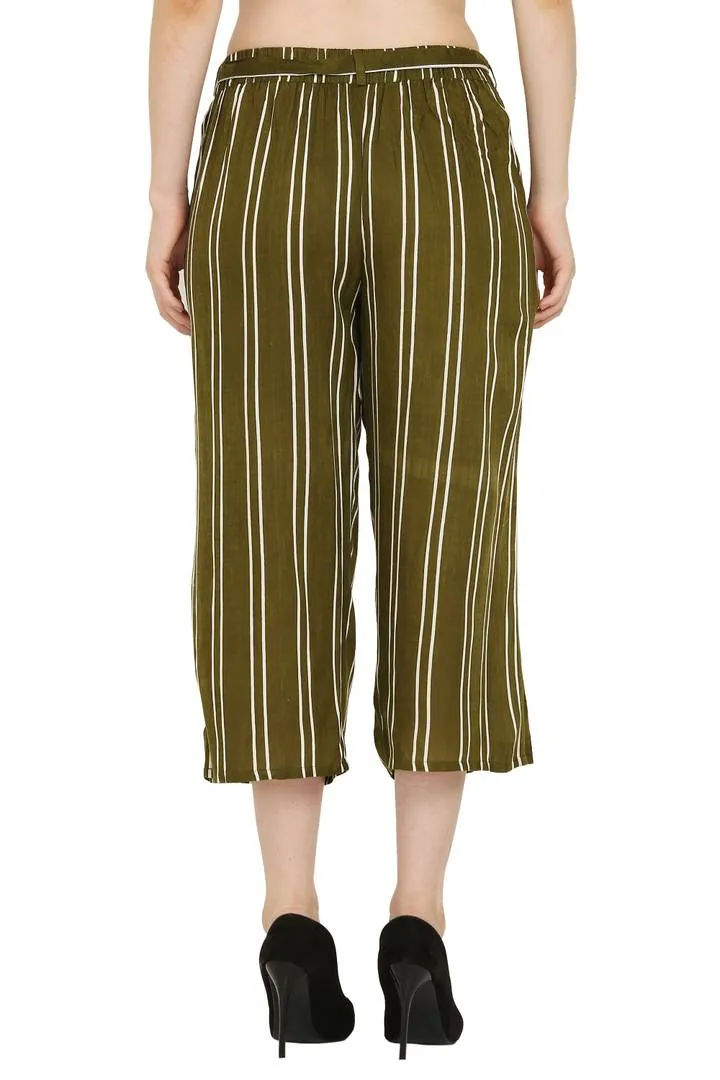 Elite Green Cotton Striped Capris For Women And Girls