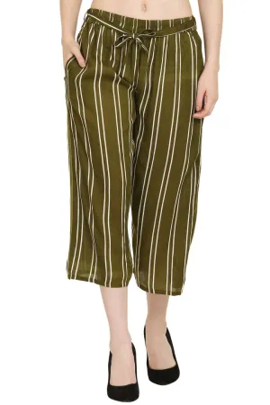 Elite Green Cotton Striped Capris For Women And Girls