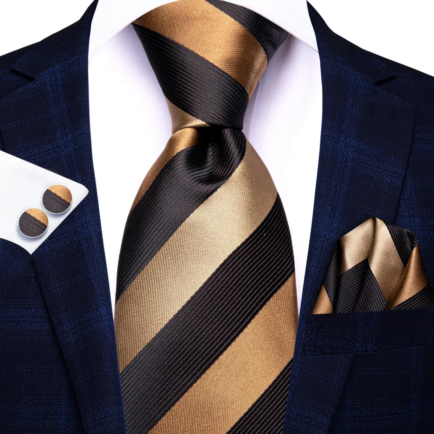 Hi-Tie Mens Plaid Ties Classic Paisley Necktie with Handkerchief Cufflinks Set Business Stripe Tie