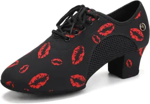 HIPPOSEUS Women's Latin Dance Practice Shoes 2" Heel Closed Toe Ballroom Dance Salsa Dance Training Shoes with Suede Sole
