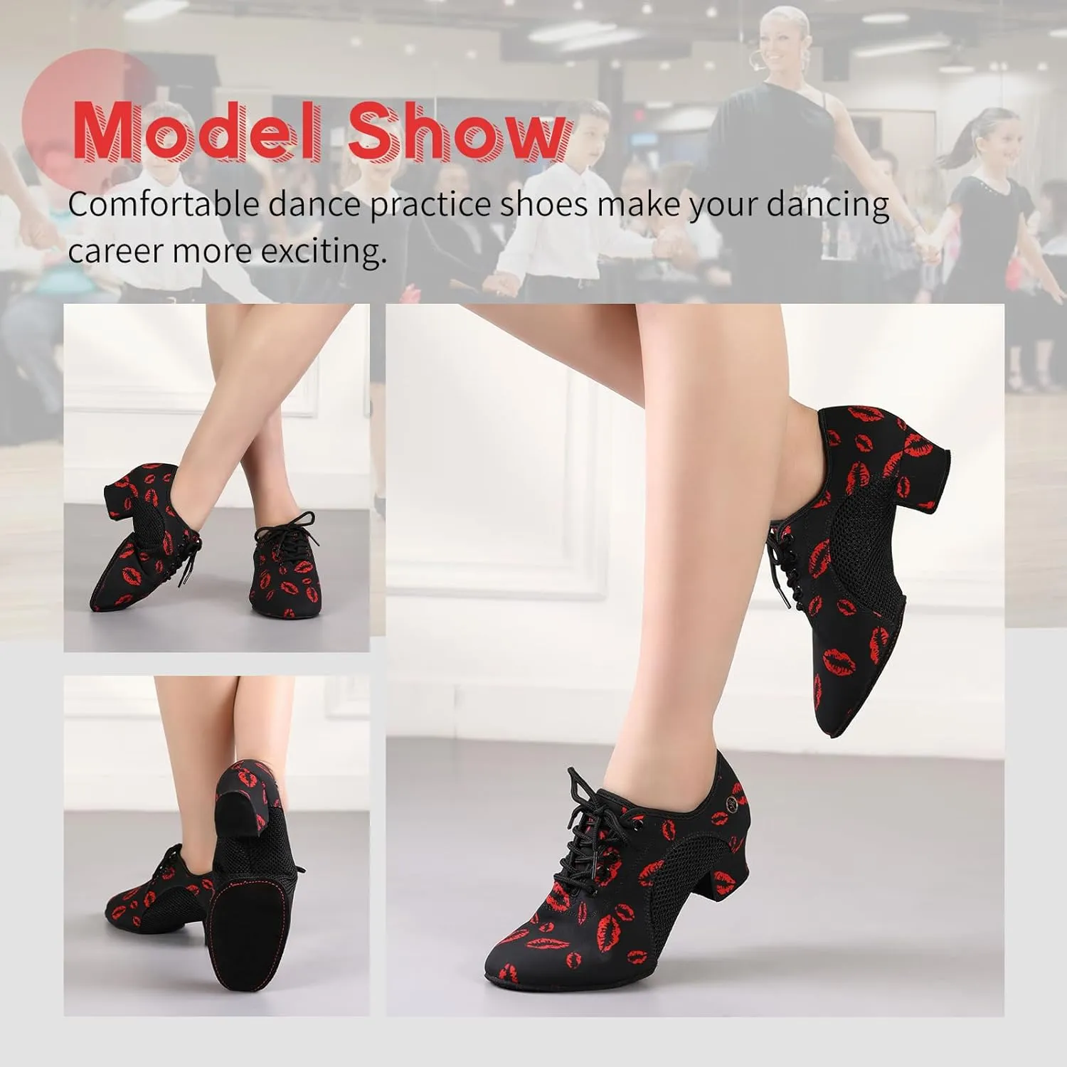 HIPPOSEUS Women's Latin Dance Practice Shoes 2" Heel Closed Toe Ballroom Dance Salsa Dance Training Shoes with Suede Sole