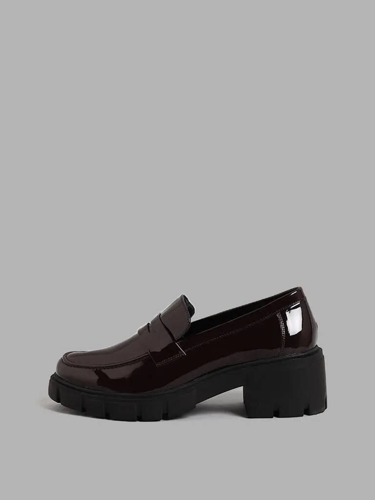 LUNA BLU Chunky Heel Loafers with Wine-Colored Leather