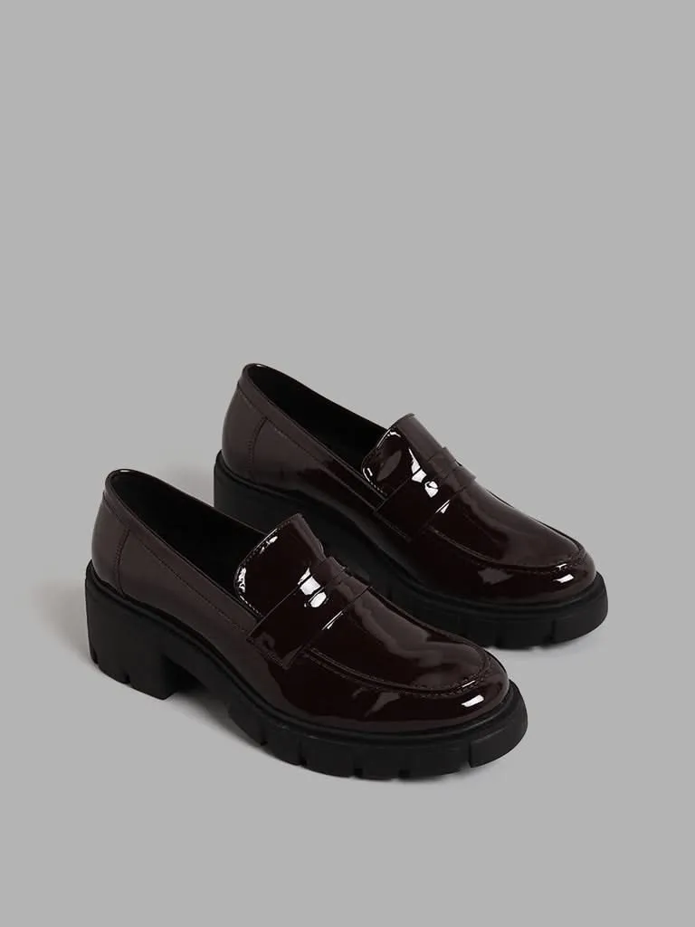 LUNA BLU Chunky Heel Loafers with Wine-Colored Leather