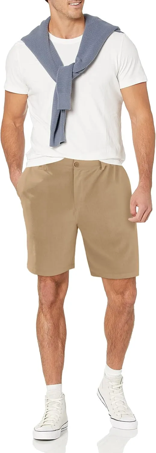 Men's Linen Shorts Casual Button Elastic Waist Summer Beach Vacation Shorts with Multi-Pocket