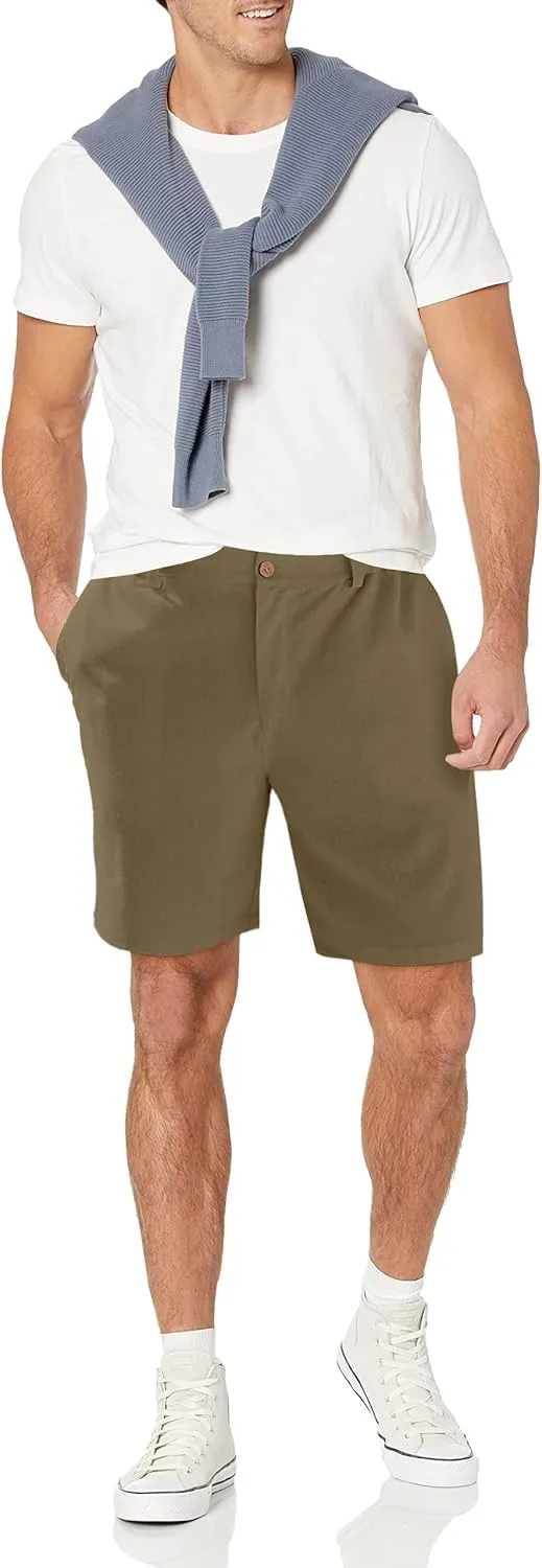 Men's Linen Shorts Casual Button Elastic Waist Summer Beach Vacation Shorts with Multi-Pocket