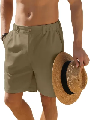Men's Linen Shorts Casual Button Elastic Waist Summer Beach Vacation Shorts with Multi-Pocket