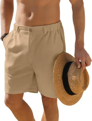 Men's Linen Shorts Casual Button Elastic Waist Summer Beach Vacation Shorts with Multi-Pocket