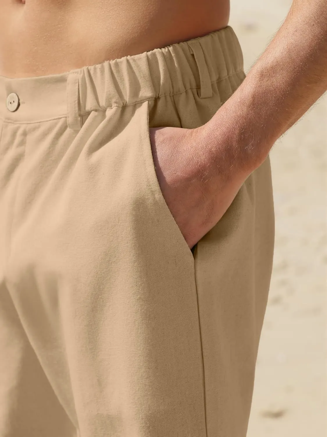 Men's Linen Shorts Casual Button Elastic Waist Summer Beach Vacation Shorts with Multi-Pocket