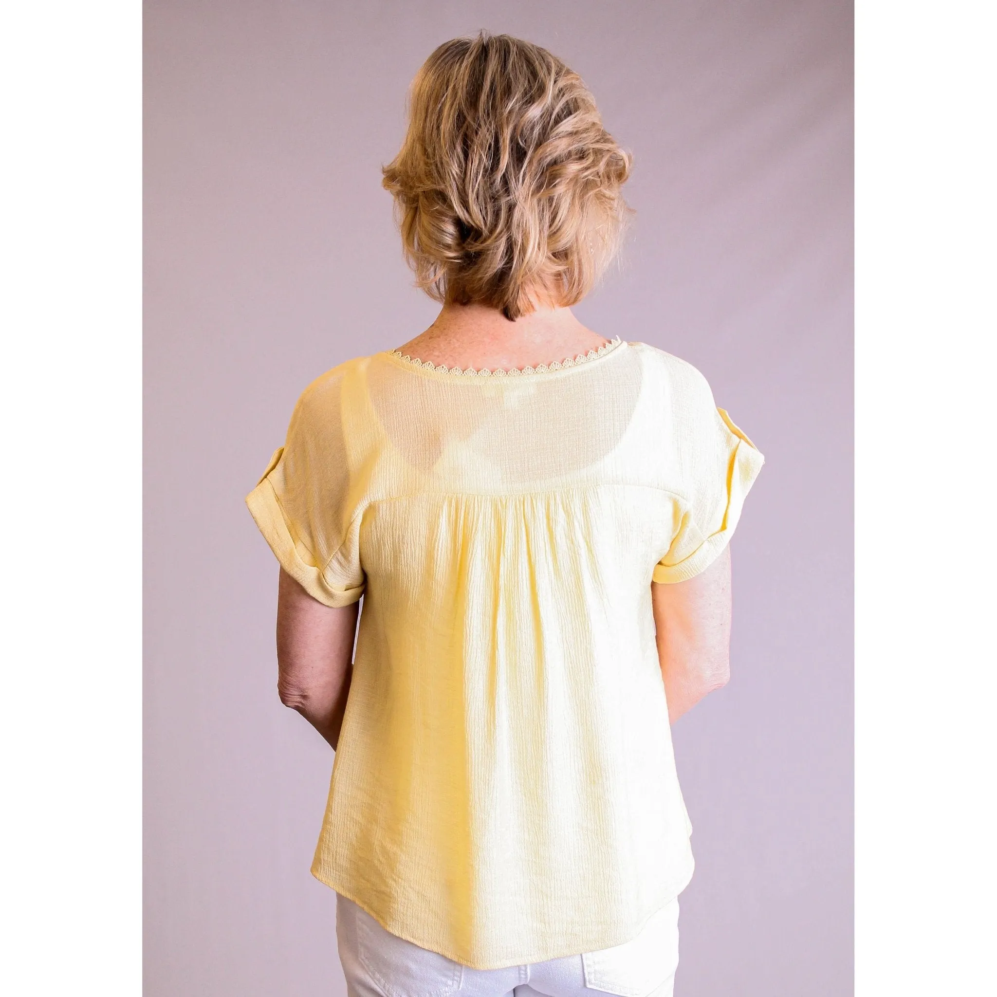 MINE Lace Trim Roll Sleeve Top