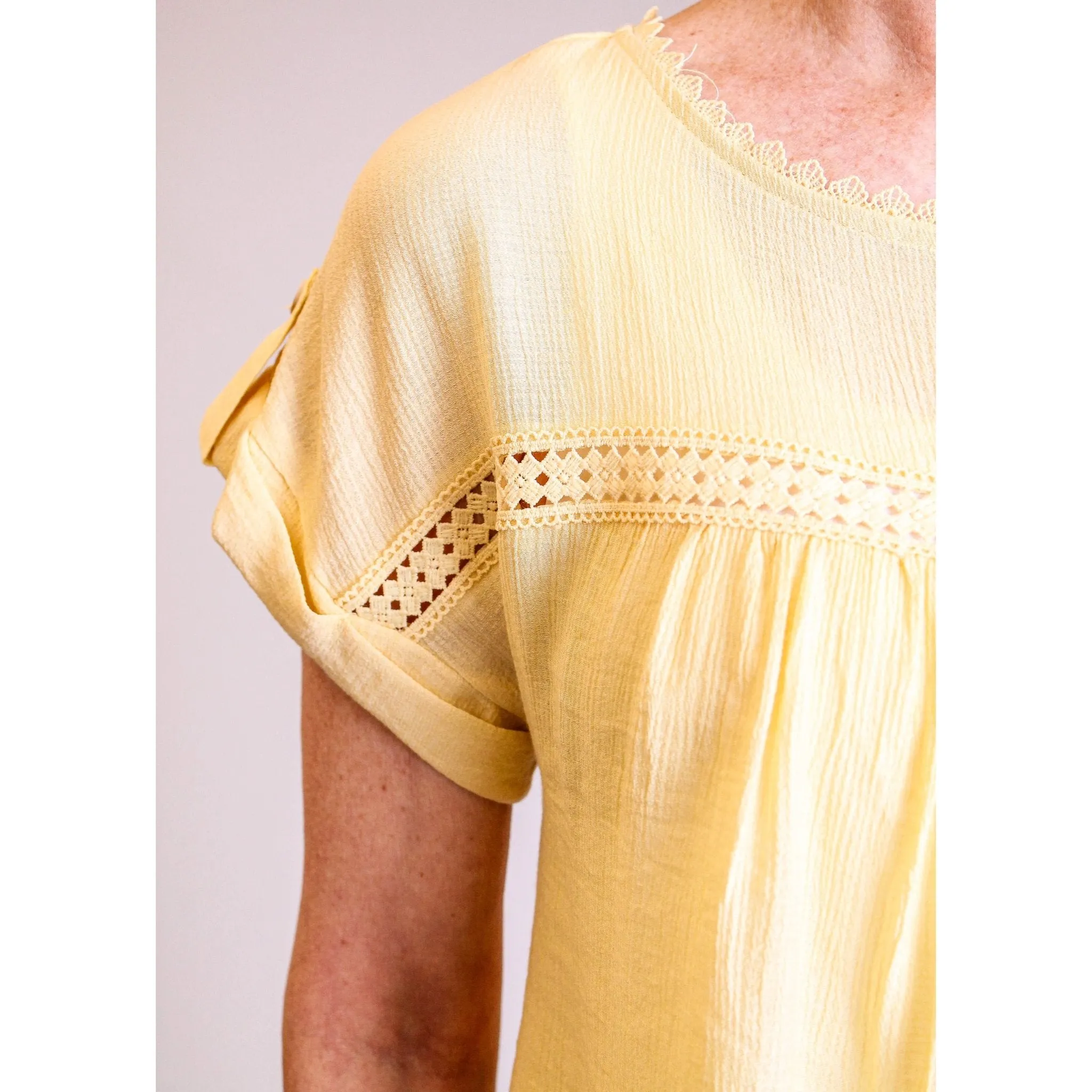 MINE Lace Trim Roll Sleeve Top