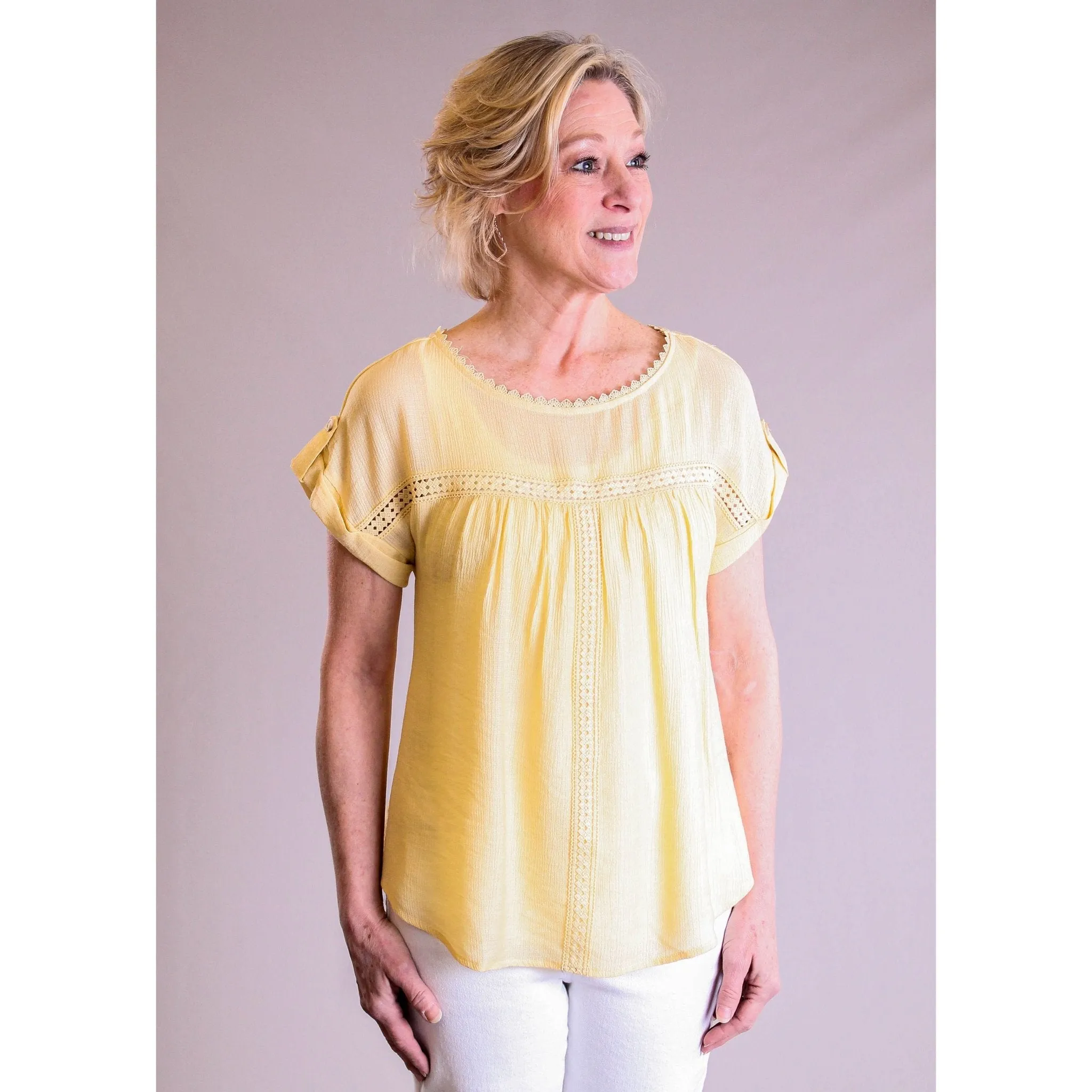MINE Lace Trim Roll Sleeve Top