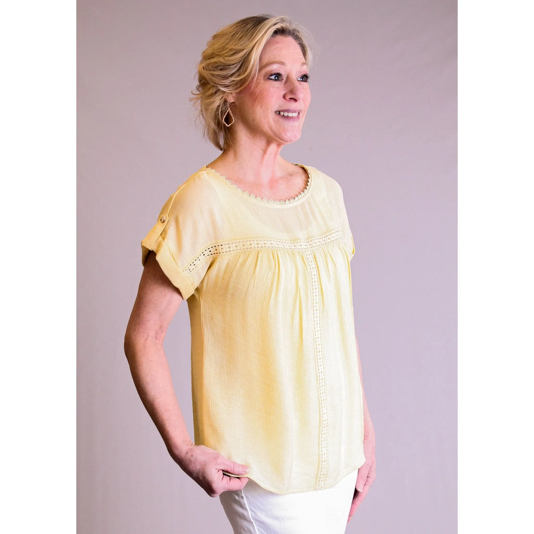 MINE Lace Trim Roll Sleeve Top