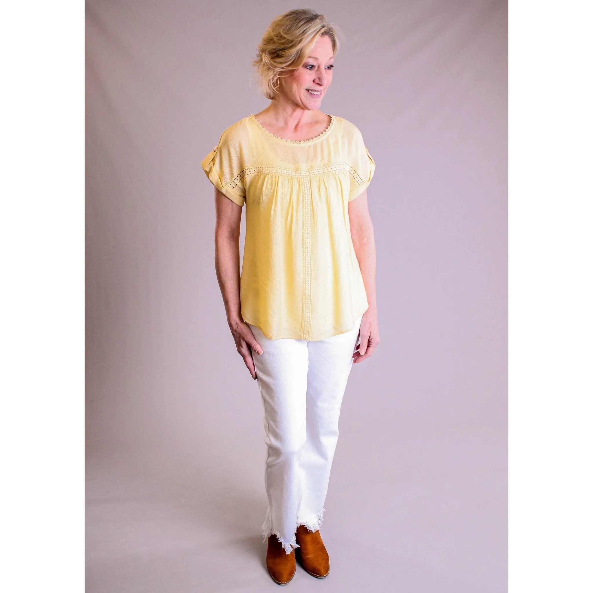 MINE Lace Trim Roll Sleeve Top
