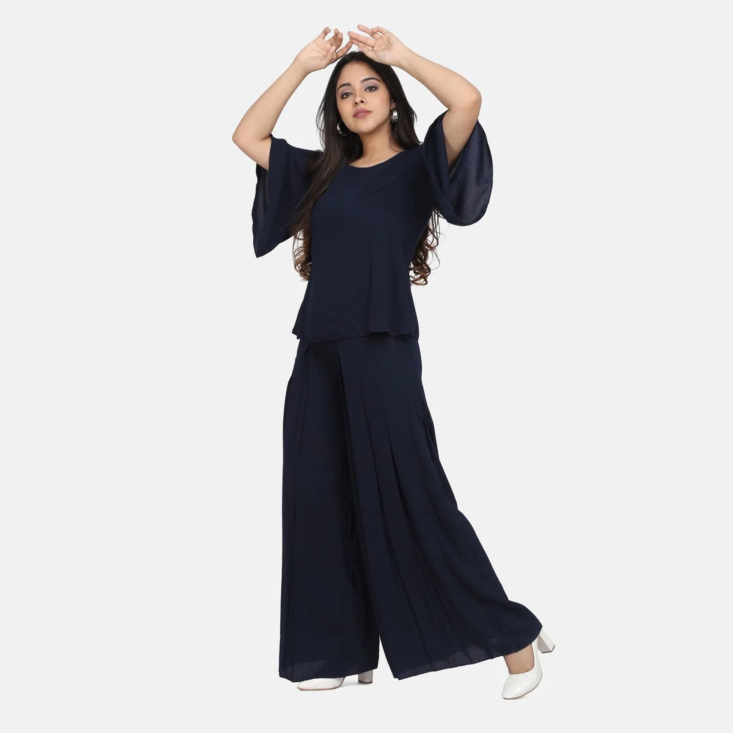 Navy Blue Poly Moss Pleat detailed Palazzo Set 