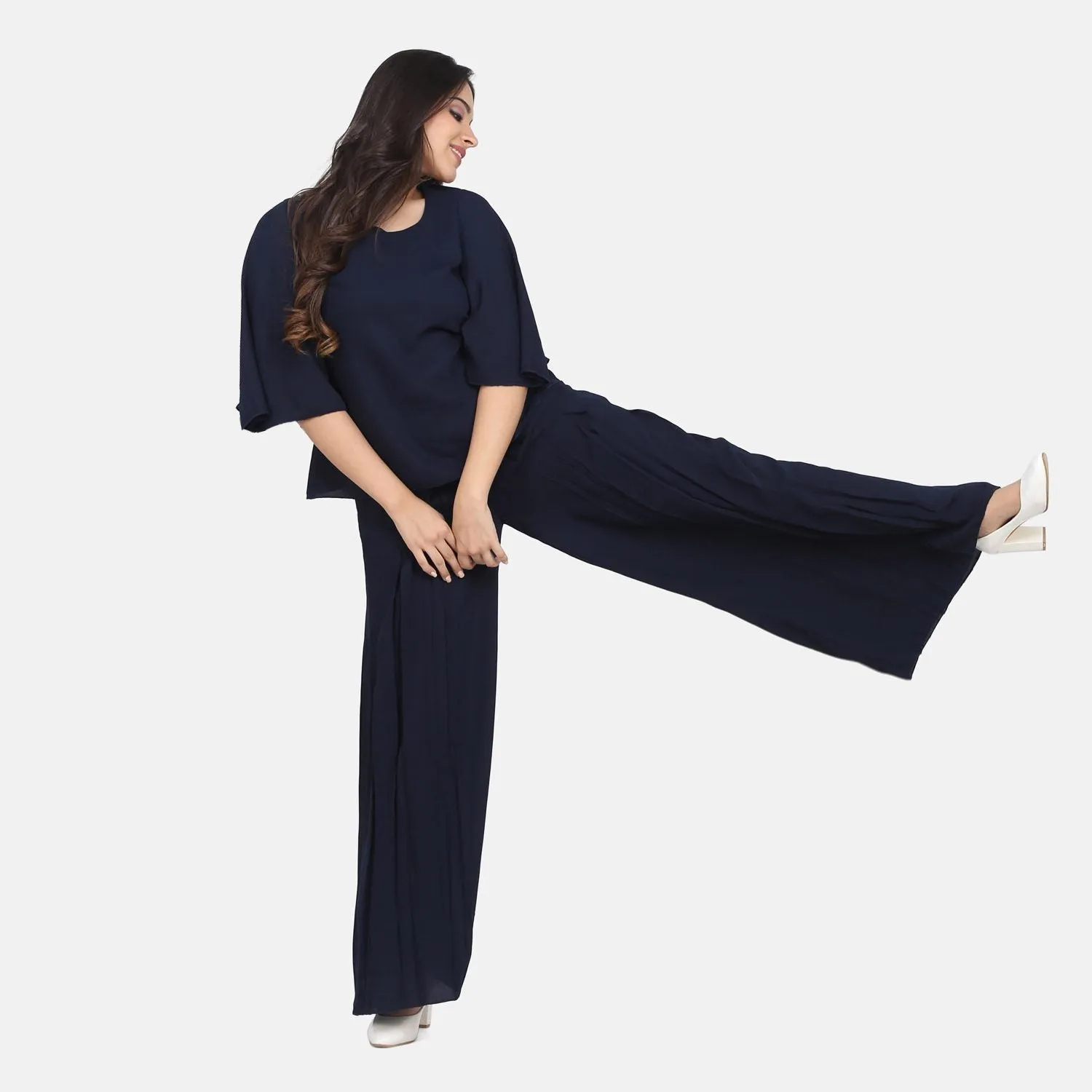 Navy Blue Poly Moss Pleat detailed Palazzo Set 