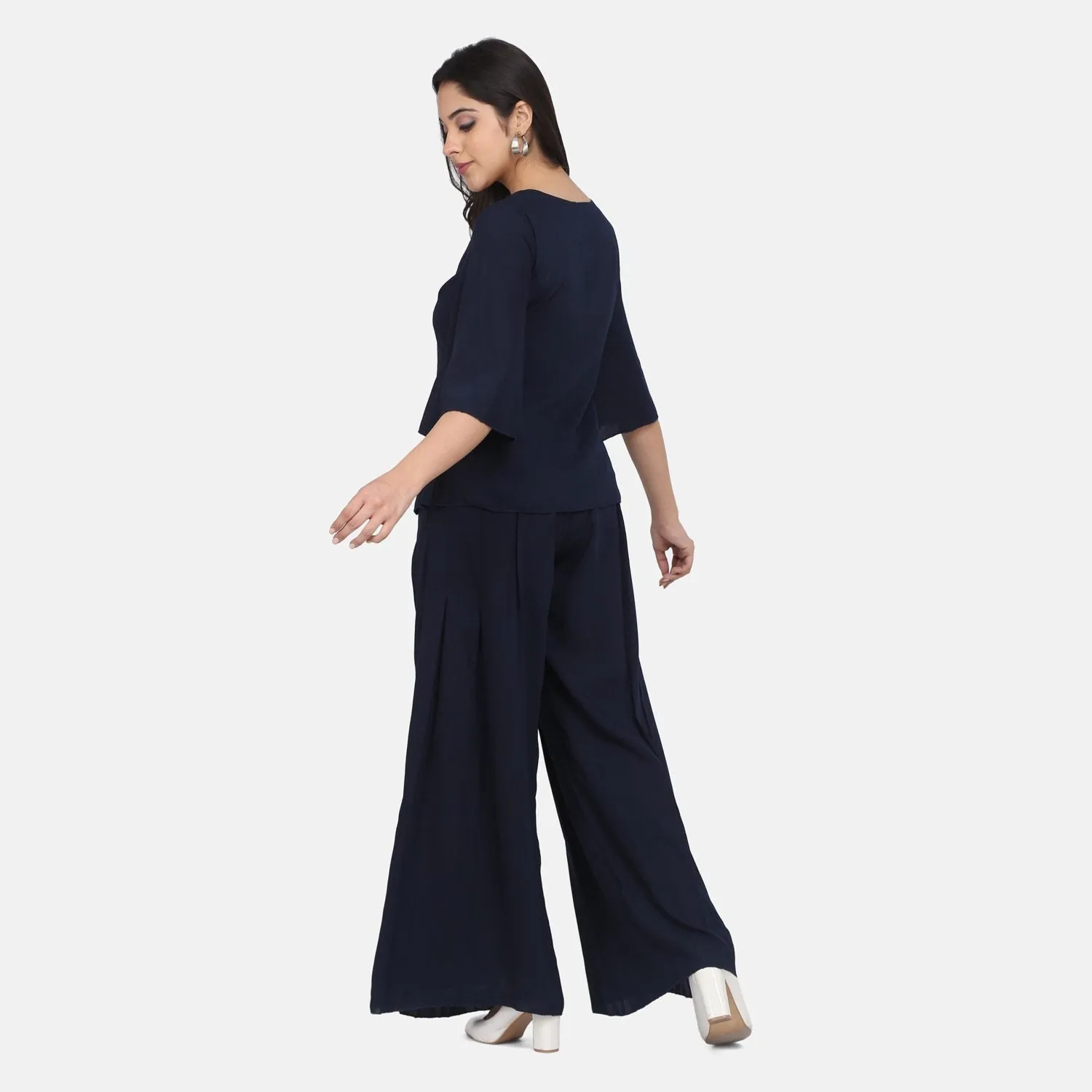 Navy Blue Poly Moss Pleat detailed Palazzo Set 