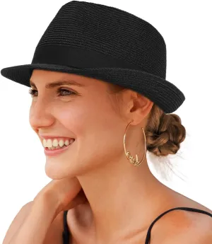 Straw Fedora Sun Hat for Women Men Short Brim Panama Trilby Beach Hat Packable Summer Hat UPF 50 