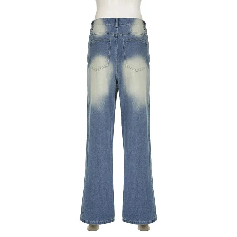 Streetwear Straight Leg Women Jeans Washed Basic Korean Fashion Denim Trousers Retro Distressed Capris Bottoms Casual
