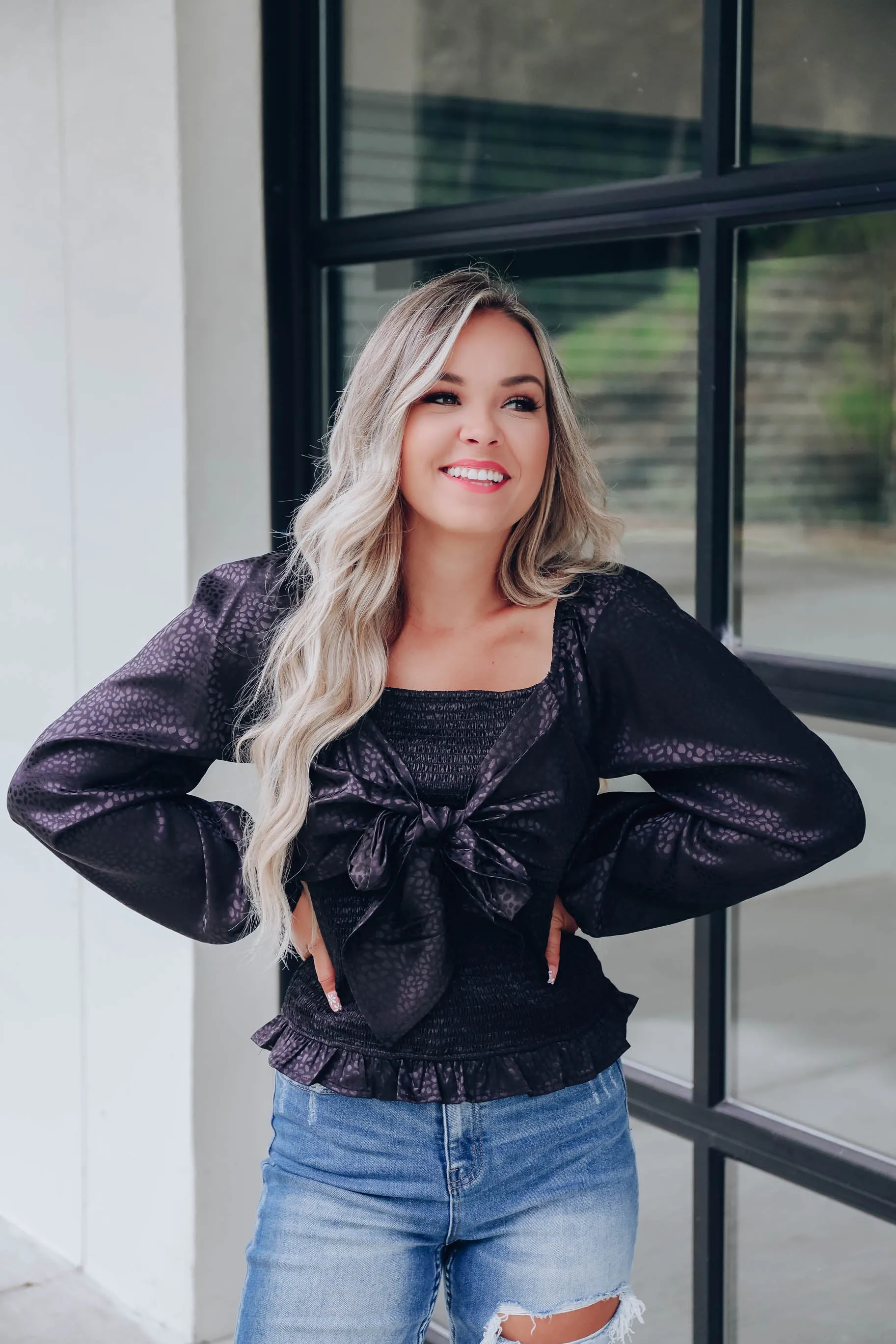 Tobee Tie Front Smocked Top - Black
