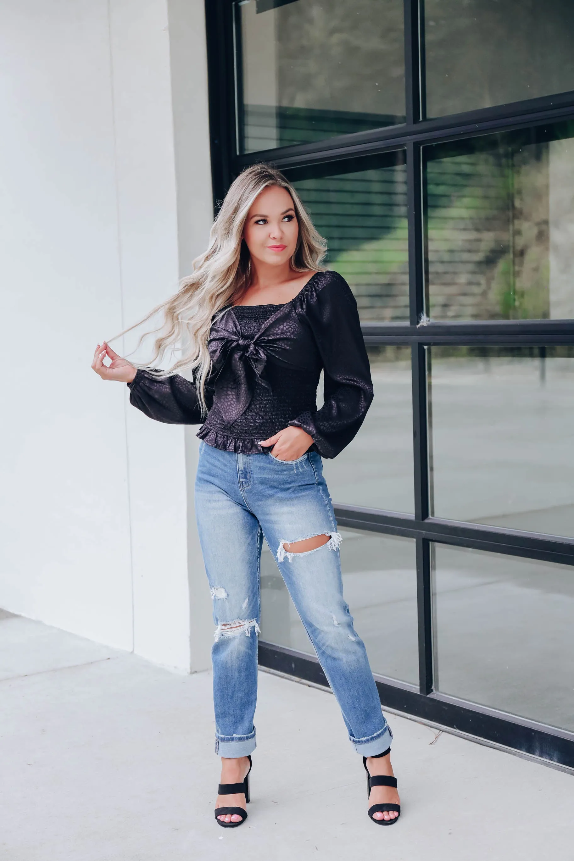 Tobee Tie Front Smocked Top - Black