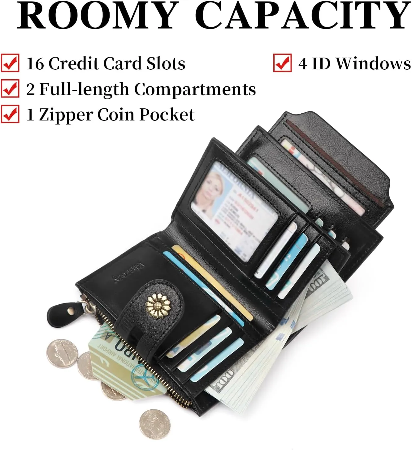 Wallet Women,RFID Blocking Leather Womens Wallet Bifold Compact Card Holder Small Wallet for Women with Removable ID Window Black