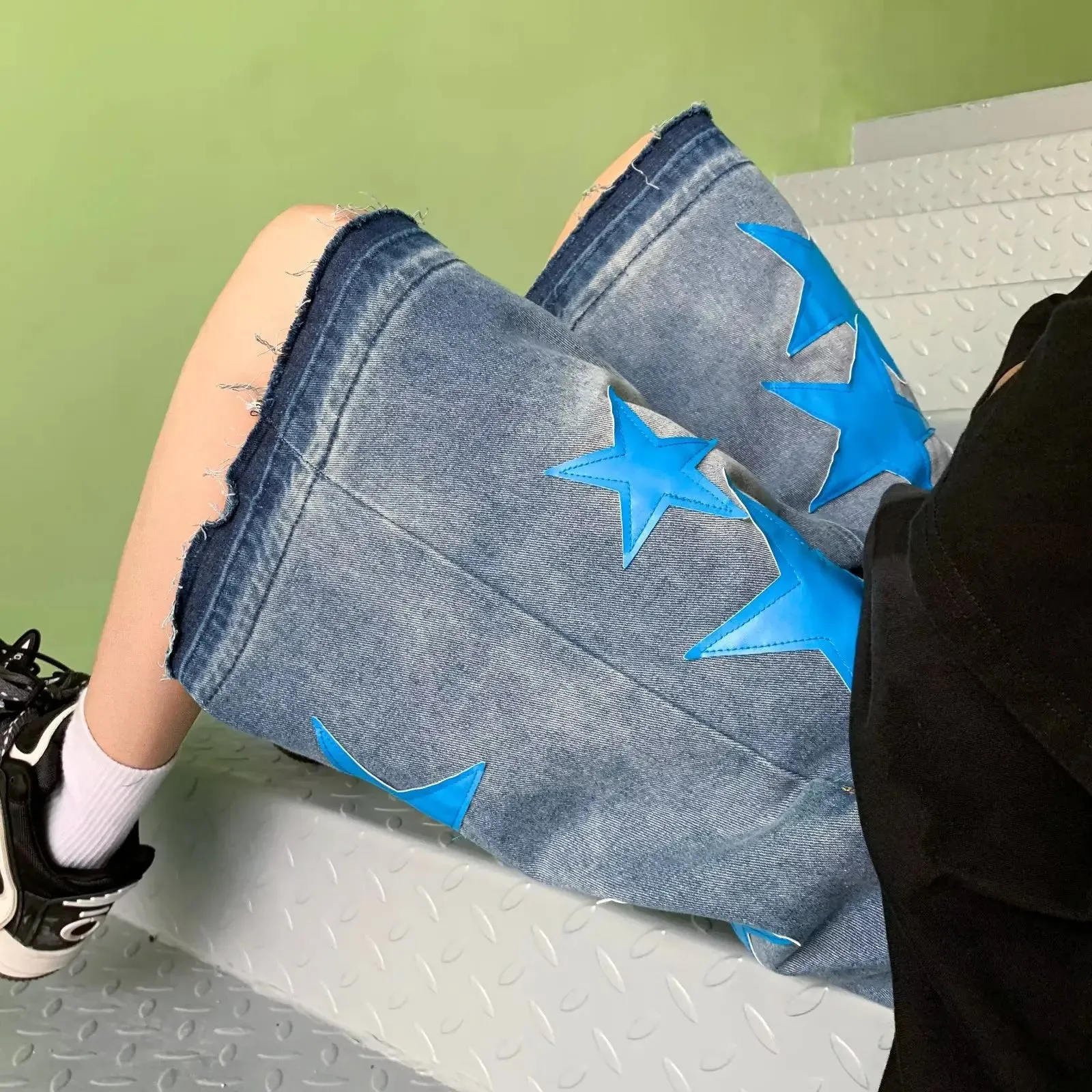 Wiaofellas  -  New Summer Oversized Denim Shorts Mens American Street Star Pattern Washed Cowboy Capris High Street Straight Wide Leg Capris