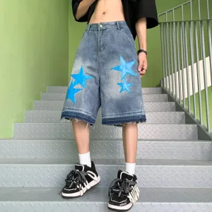 Wiaofellas  -  New Summer Oversized Denim Shorts Mens American Street Star Pattern Washed Cowboy Capris High Street Straight Wide Leg Capris