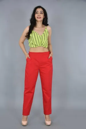 Women Cotton Blend Pleats On Bottom 2 Side Pocket Fully Belt Zip And Hook Closer Casual Regular Fit Trouser